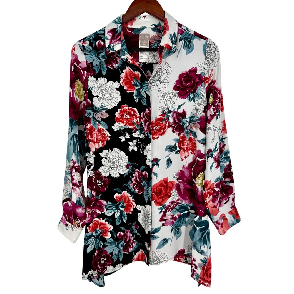 Chicos Sz US Small 4/6 0 Floral Wearable Art Summer Elegant Blouse Shirt Top